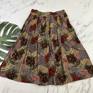 Lee Daivs Womens VIntage 90s Pleated Midi Skirt Size 14 Brown Red Paisley Floral